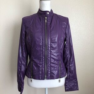 Max Mara biker jacket purple zipper shiny coat Moto slim fit motorcycle style
